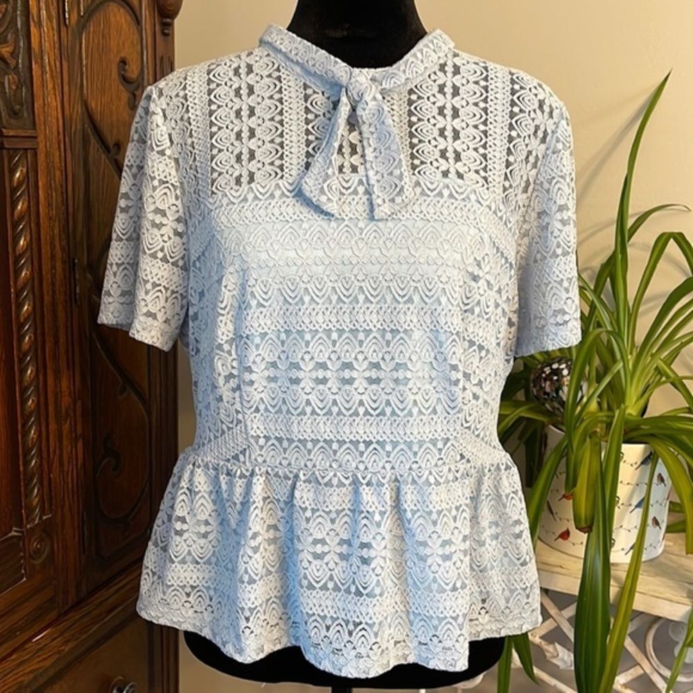 Allegra K Junior's Lace Keyhole Back Top Short Sleeve Semi Sheer Blouse size L